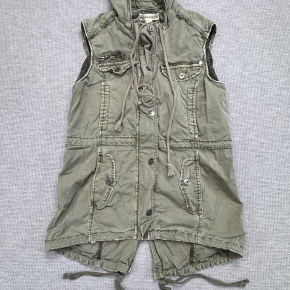 Marrakech Womens Small Olive Green Distressed Hooded Utility Vest Zip Snap Front - Picture 15 of 16
